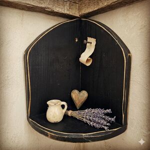 Vintage Primitive Black Wood Corner Shelf – Handmade Rustic Wall Decor – 11"